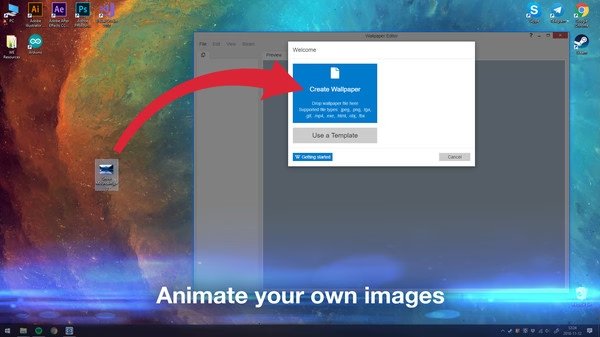 Screenshot of Wallpaper Engine showing a 'Create Wallpaper' dialog box with a cosmic-themed desktop background and app icons.