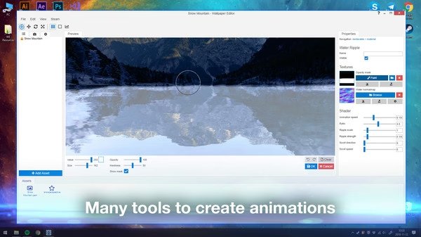 Wallpaper Engine screenshot showing a snowy mountain landscape being edited with various animation tools and settings.