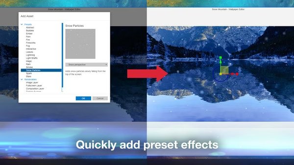 A Wallpaper Engine screenshot showing the editor interface with snow particle effects being added to a scenic mountain lake wallpaper.