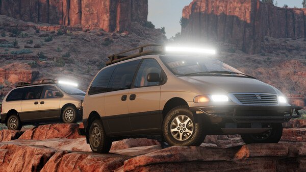 BeamNG.drive screenshot: Two minivans with roof racks navigate rocky terrain in a desert landscape at sunset.
