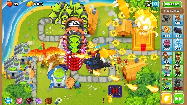 Bloons TD 6 screenshot: A chaotic battle with towers, a flying phoenix, and bloons on a winding path surrounded by vibrant scenery.