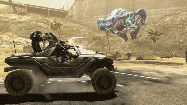 Halo: The Master Chief Collection screenshot showing soldiers in a Warthog vehicle engaging Covenant forces, with a hovering alien ship nearby.