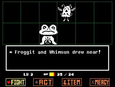Undertale screenshot showing Froggit and Whimsun in a battle. Options include FIGHT, ACT, ITEM, and MERCY at the bottom.