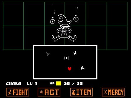 Undertale screenshot: A battle scene with a floating, hat-wearing monster and player options Fight, Act, Item, and Mercy visible.