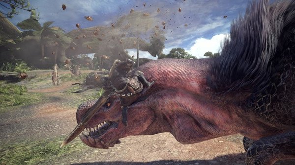 Monster Hunter: World screenshot showing a hunter battling a large dinosaur-like creature in a lush, open landscape.