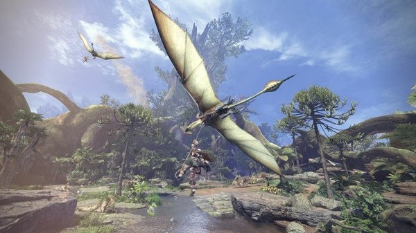 Screenshot from Monster Hunter: World showing a hunter soaring on a winged creature over a lush, prehistoric landscape.