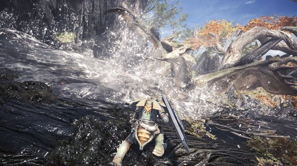 Monster Hunter: World screenshot showing a hunter in armor wielding a sword, facing a dragon amidst a dynamic, splash-filled battle scene.
