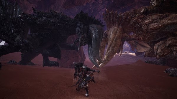 Monster Hunter: World screenshot featuring a hunter facing off against two large, detailed monsters in a rocky landscape.