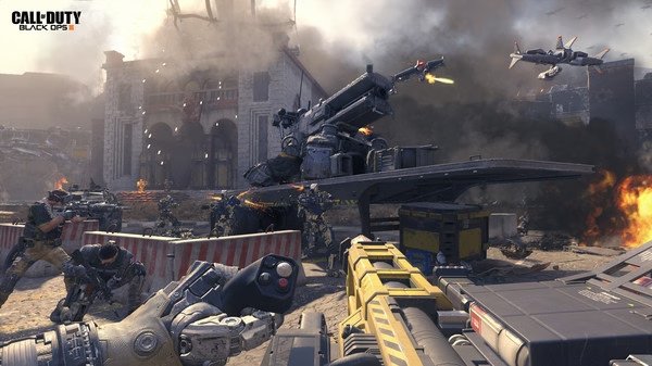 Call of Duty: Black Ops III screenshot showing intense combat with soldiers, explosions, and futuristic weapons in a war-torn city setting.