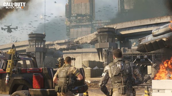 Screenshot from Call of Duty: Black Ops III shows two soldiers in combat gear facing a futuristic warzone with drones flying above.