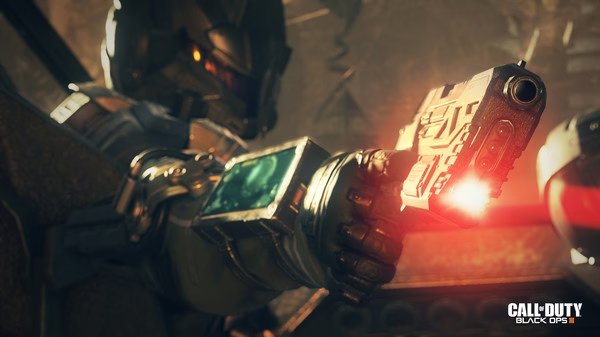 Screenshot from Call of Duty: Black Ops III showing a futuristic soldier aiming a weapon, highlighted by intense lighting effects.