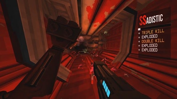 ULTRAKILL screenshot: A robotic arm holds a weapon in a red corridor with scattered enemies and a kill count displayed.