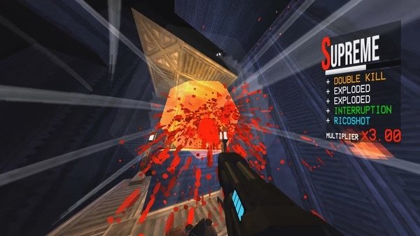 ULTRAKILL screenshot: Player fires a weapon at a glowing enemy, scattering blood and achieving a Supreme score multiplier.