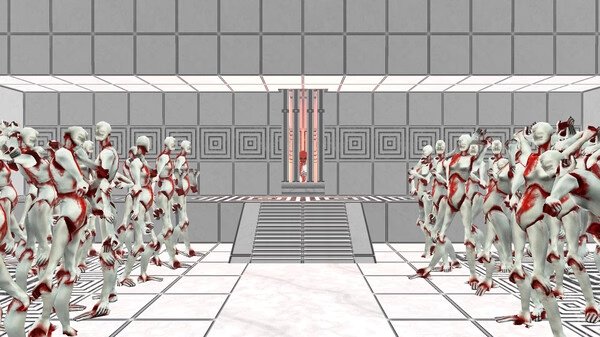ULTRAKILL screenshot: A group of humanoid figures with red markings stand in a geometric room with a central figure on a raised platform.