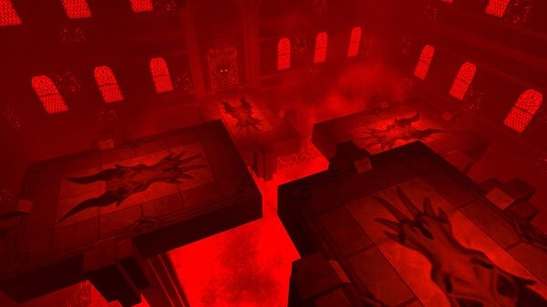 ULTRAKILL screenshot: A fiery red room with glowing platforms, demonic symbols, and a gate surrounded by intricate designs.