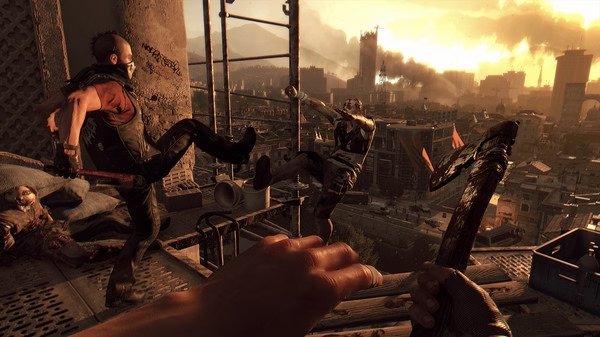 Dying Light screenshot: A dramatic rooftop battle at sunset with a survivor kicking a zombie while holding a weapon.