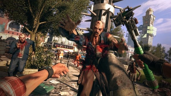 Dying Light screenshot showing a player attacking a zombie with a melee weapon in a sunlit urban environment.