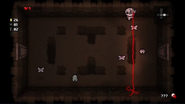A screenshot of The Binding of Isaac: Rebirth showing Isaac battling enemies in a dark dungeon with a red laser attack.