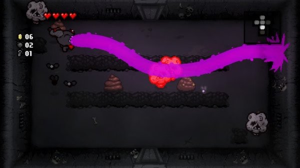 Screenshot from *The Binding of Isaac: Rebirth* showing Isaac attacking enemies with a large purple beam in a dark dungeon room.