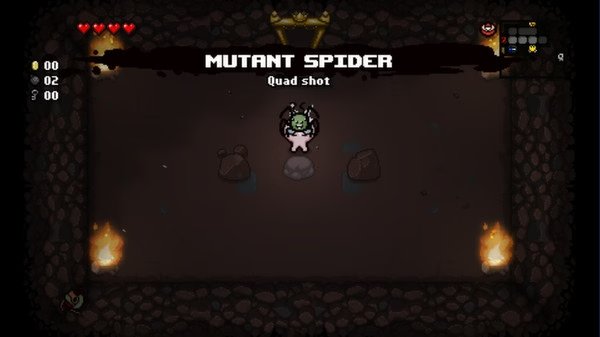 Screenshot from The Binding of Isaac: Rebirth showing the character Isaac obtaining the Mutant Spider item in a dim, fiery room.