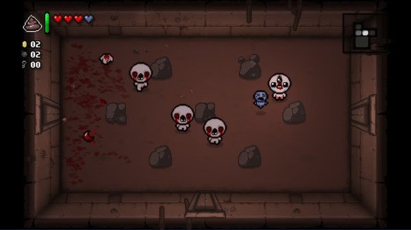 A screenshot from The Binding of Isaac: Rebirth showing Isaac battling multiple grinning enemies in a dark, rocky room.