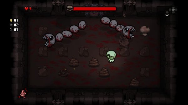 Screenshot from The Binding of Isaac: Rebirth showing Isaac facing off against a segmented worm-like enemy in a dark dungeon.