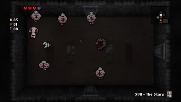 The Binding of Isaac: Rebirth screenshot showing Isaac surrounded by multiple enemies in a dark room with stats displayed on the screen.