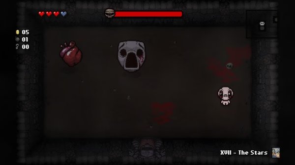 Screenshot from The Binding of Isaac: Rebirth showing a character facing a large, menacing mask and heart in a dark room.