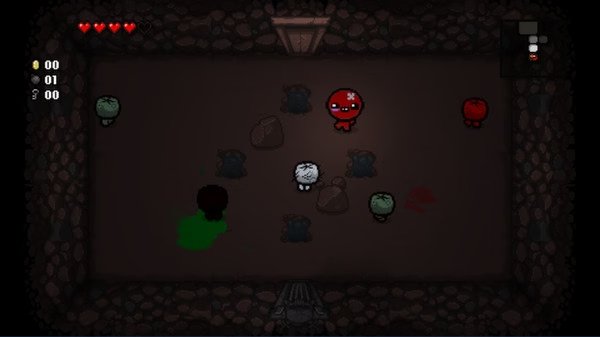 Screenshot from The Binding of Isaac: Rebirth showing a character fighting enemies in a dimly lit, stone-walled room.