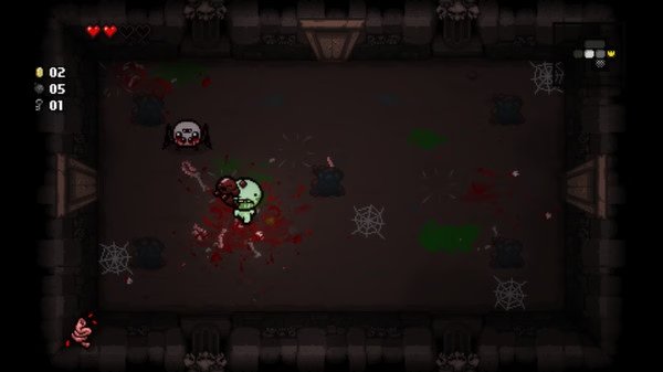 Screenshot from The Binding of Isaac: Rebirth showing Isaac battling a spider enemy in a dark, dungeon-like room with webs and blood splatters.