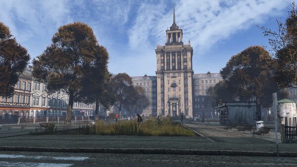 DayZ screenshot: A large building stands at the center of a town square surrounded by trees, benches, and scattered players.