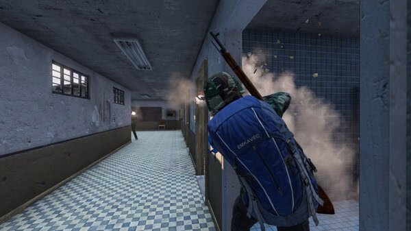 DayZ screenshot: A player in a blue jacket and camo hat fires a rifle inside a tiled, dimly-lit hallway.