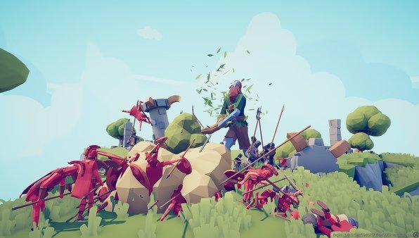 Screenshot from Totally Accurate Battle Simulator showing a chaotic fight between colorful, cartoonish warriors in a grassy landscape.