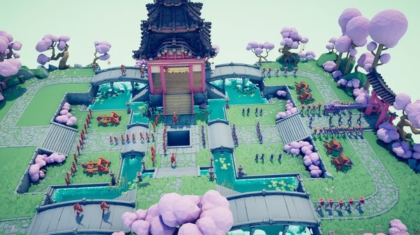 Screenshot of Totally Accurate Battle Simulator showing a battle in a colorful, temple-themed arena with various units on bridges and paths.
