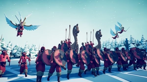 Screenshot from Totally Accurate Battle Simulator showing Viking warriors and winged figures preparing for battle in a snowy landscape.