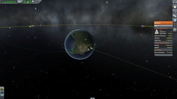 Screenshot from Kerbal Space Program showing a spacecraft orbiting a planet with visible trajectory paths and mission details.