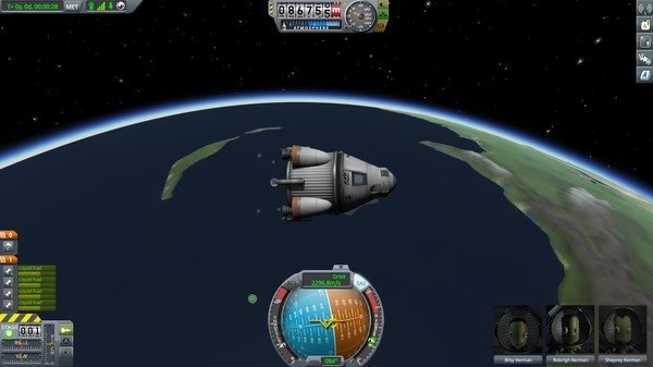 Screenshot of Kerbal Space Program showing a spacecraft orbiting above a planet, with control panels and crew portraits visible.