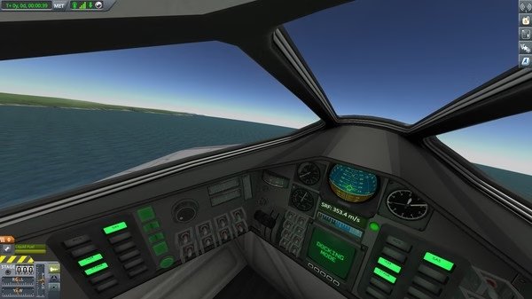 Kerbal Space Program screenshot showing a cockpit view with instruments, controls, and a scenic ocean visible through the windshield.