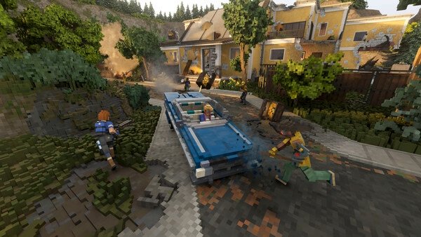 Teardown screenshot: Players in a chaotic scene with a blue car crashing through debris near damaged buildings and scattered objects.