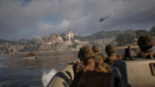 Squad screenshot: Soldiers in a boat approach a shore under attack, with explosions and a helicopter visible in the background.