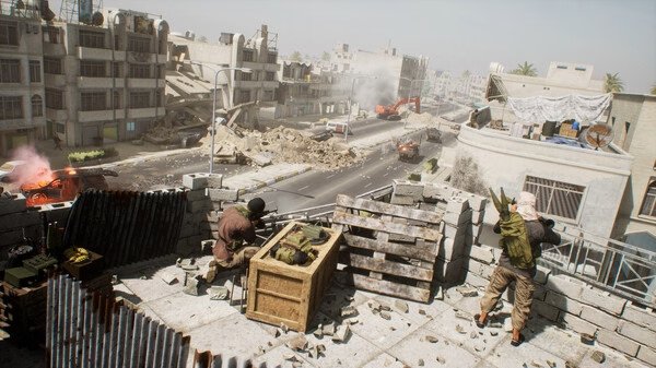 Squad screenshot: Two soldiers take cover on a rooftop, overlooking a war-torn urban street with vehicles and debris scattered.