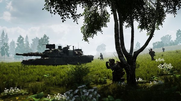 Squad screenshot: Soldiers taking cover behind trees in a grassy field with a tank positioned in the background.
