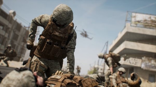 A soldier in tactical gear assists a fallen comrade in an urban battlefield in this Squad game screenshot.