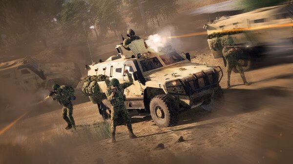 Screenshot from Squad shows soldiers advancing alongside an armored vehicle, amidst dust and gunfire on a battlefield.