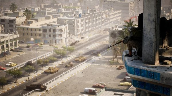 Screenshot from Squad showing a soldier aiming from a rooftop in a cityscape with tanks on the street below.