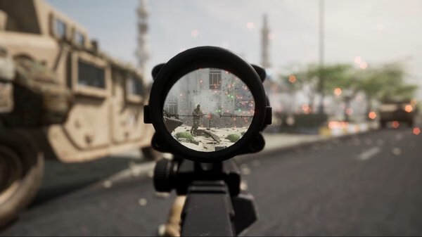 Squad screenshot: A soldier is visible through a rifle scope, aiming amidst a battlefield with armored vehicles and flying debris.