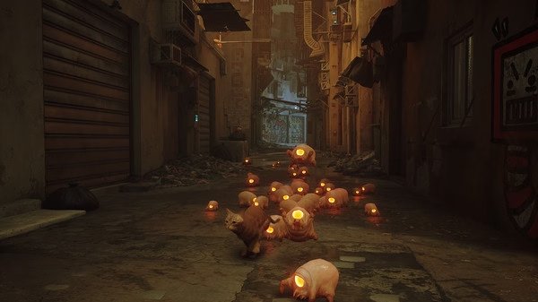 Screenshot from Stray: A cat navigates a dim, narrow alley surrounded by glowing, alien-like creatures.