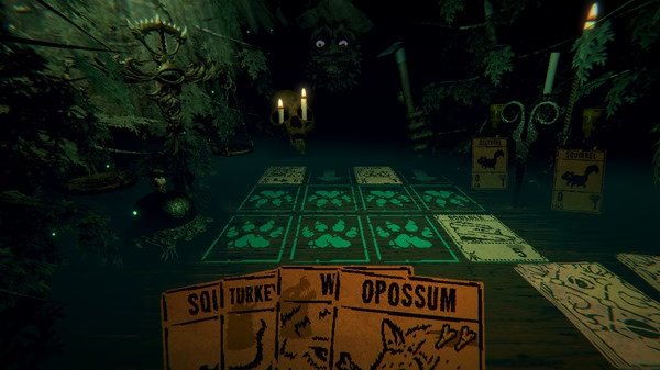 Screenshot from Inscryption showing a card game in progress. Cards with animal drawings are visible on a wooden table.