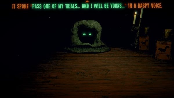 Inscryption screenshot: a stone face with glowing eyes speaks in a raspy voice. Lit candles and boxes are visible on the wooden table.