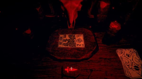 Inscryption screenshot: A glowing red-lit card game table showing a card with stats and a dagger, surrounded by eerie decorations.